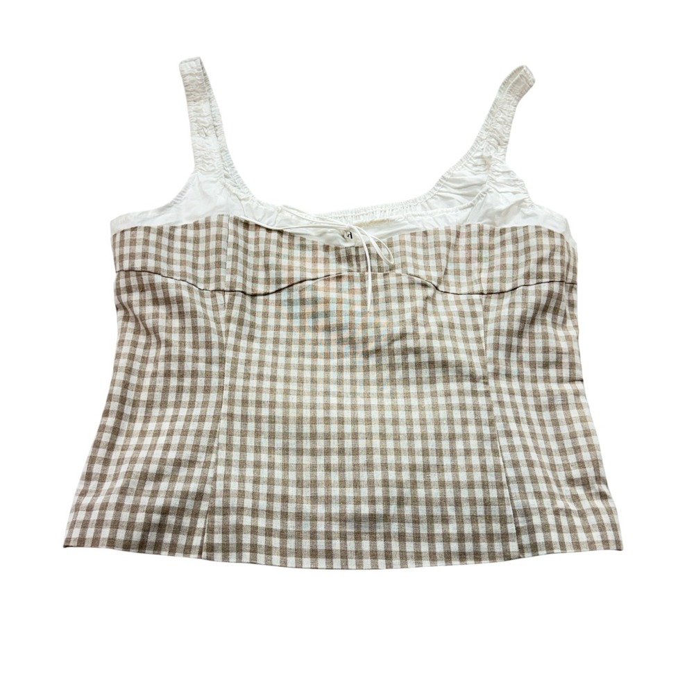 Elodie Women's XL Gingham Tan White Cotton Linen Blend Tank Top Side Zip